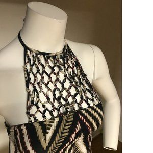 Le Chateau Brown Tan Top braided halter neck tunic geo geometrical fishnet NWT